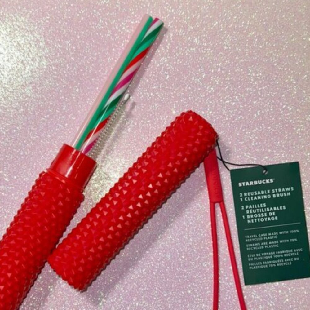 Starbucks 2024 Christmas RED STUDDED Reusable Straws w/Cleaning Brush & Case